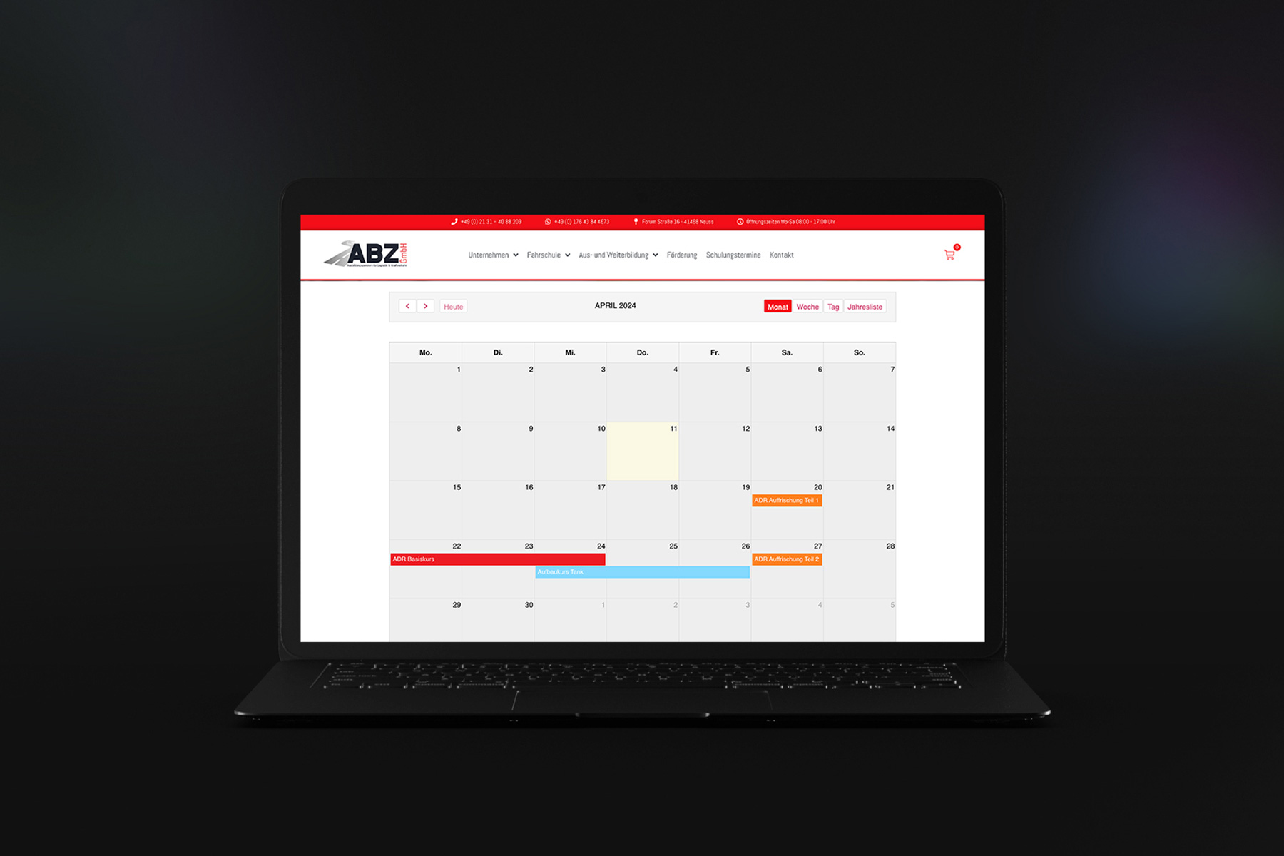 Ansicht eines Kalender für ein Buchungssystem auf einer Website