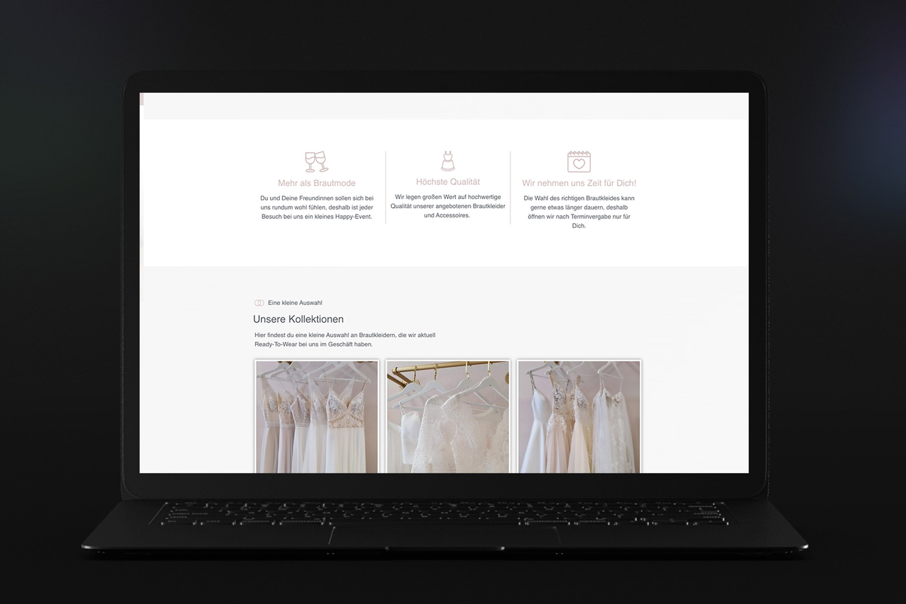 Unterseite einer Website für Brautmode, die drei Bilder von Brautkleidern zeigt