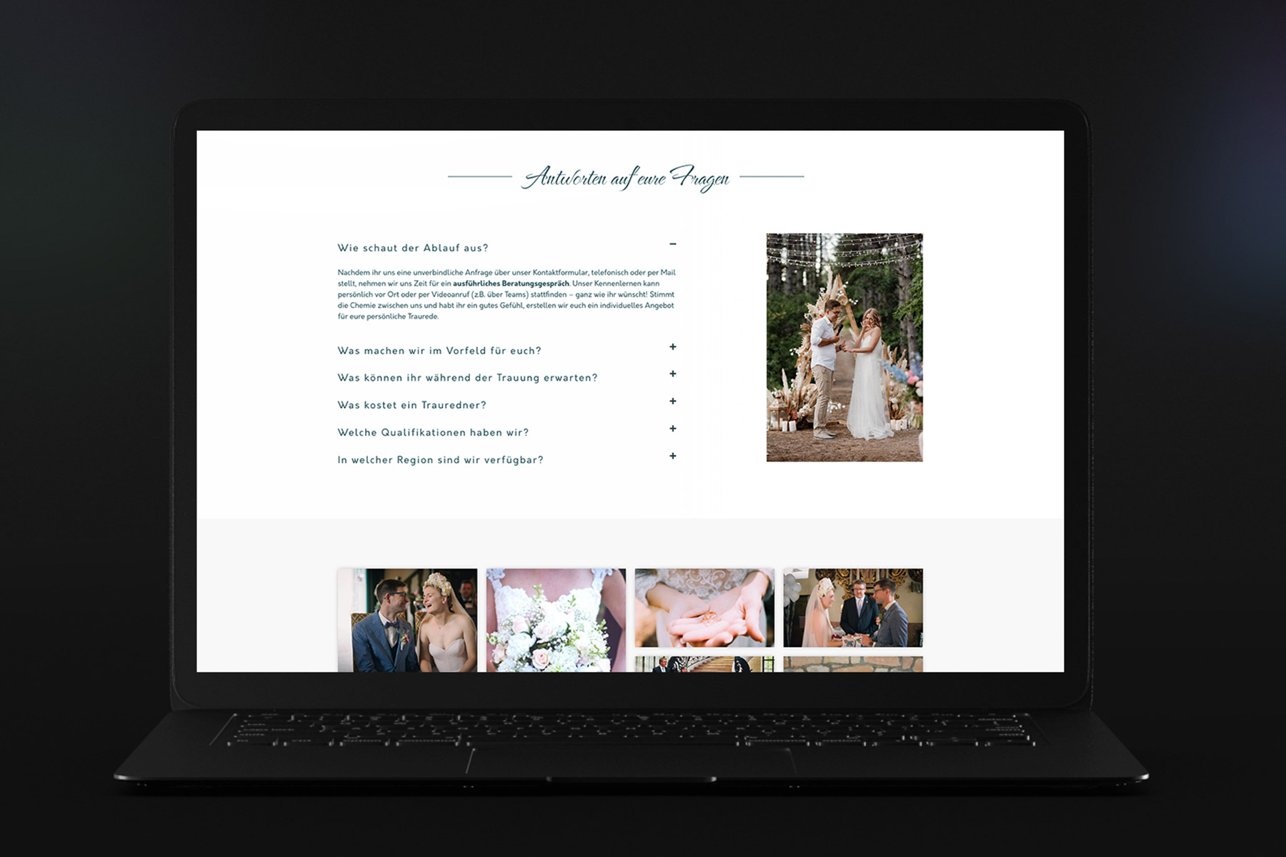 FAQ Abschnitt auf einer Website für Trauredner, auf der Hochzeitsbilder abgebildet sind